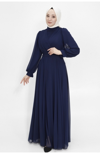 Robe De Soirée Hijab En Tissu Mousseline à Col Croisé 4105-03 Bleu Marine 4105-03