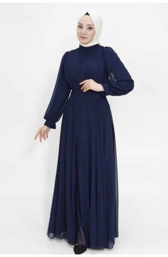 Double Breasted Collar Chiffon Fabric Hijab Evening Dress 4105-03 Navy Blue 4105-03