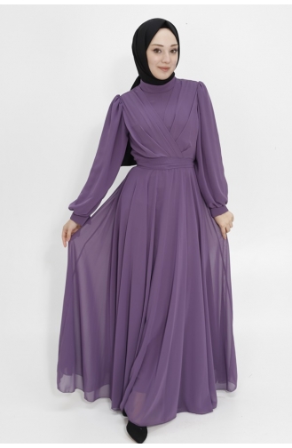 Double Breasted Collar Chiffon Fabric Hijab Evening Dress 4105-04 Lilac 4105-04