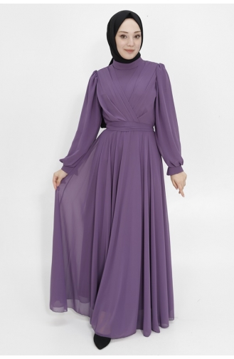 Robe De Soirée Hijab Col Croisé En Mousseline De Soie 4105-04 Lilas 4105-04