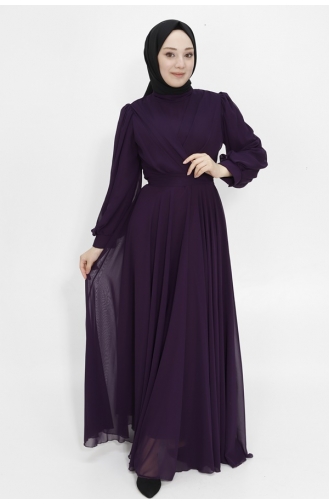 Double Breasted Collar Chiffon Fabric Hijab Evening Dress 4105-05 Purple 4105-05