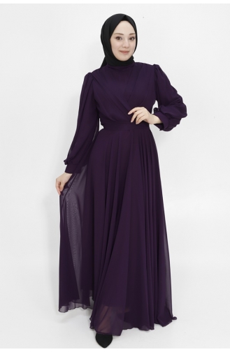 Zweireihiges Hijab-Abendkleid Aus Chiffonstoff Mit Kragen 4105-05 Lila 4105-05