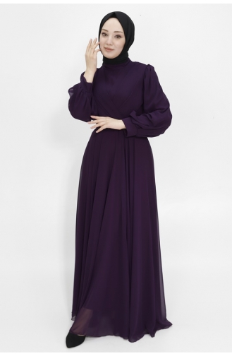 فستان سهرة بتصميم حجاب من قماش الشيفون وياقة مزدوجة 4105-05 لون بنفسجي 4105-05