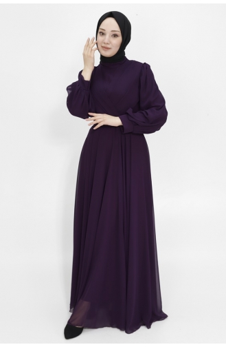 Double Breasted Collar Chiffon Fabric Hijab Evening Dress 4105-05 Purple 4105-05