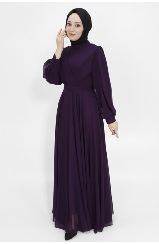 فستان سهرة بتصميم حجاب من قماش الشيفون وياقة مزدوجة 4105-05 لون بنفسجي 4105-05