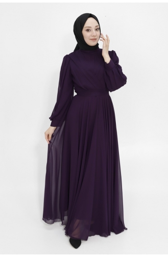 Double Breasted Collar Chiffon Fabric Hijab Evening Dress 4105-05 Purple 4105-05