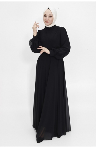 Double Breasted Collar Chiffon Fabric Hijab Evening Dress 4105-06 Black 4105-06