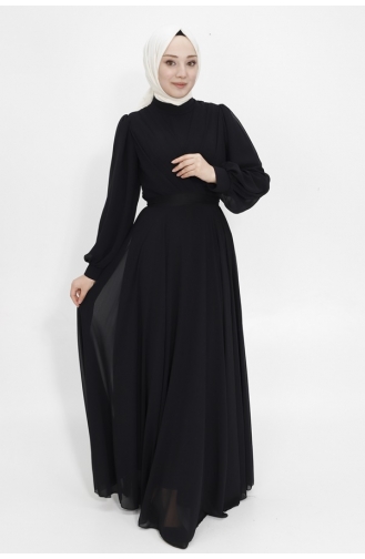 Double Breasted Collar Chiffon Fabric Hijab Evening Dress 4105-06 Black 4105-06