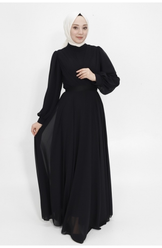 Zweireihiges Hijab-Abendkleid Aus Chiffonstoff Mit Kragen 4105-06 Schwarz 4105-06