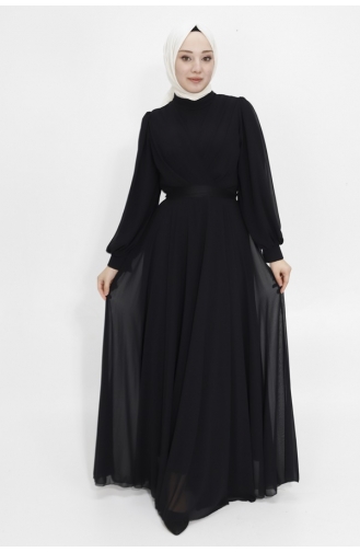 Zweireihiges Hijab-Abendkleid Aus Chiffonstoff Mit Kragen 4105-06 Schwarz 4105-06
