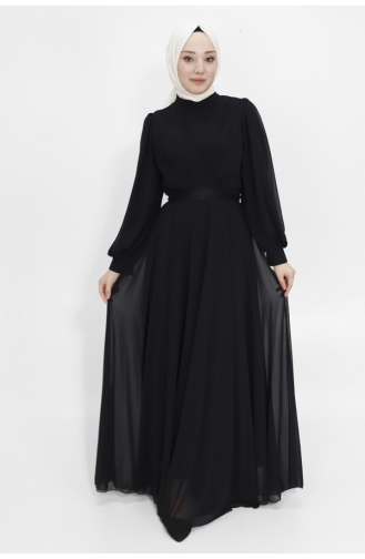 Robe De Soirée Hijab En Tissu Mousseline à Col Croisé 4105-06 Noir 4105-06