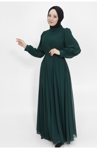 Double Breasted Neck Chiffon Fabric Hijab Evening Dress 4105-07 Emerald Green 4105-07