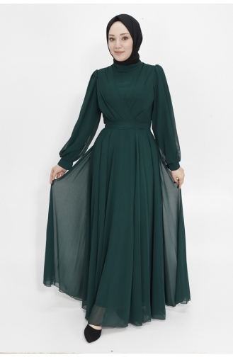 Robe De Soirée Hijab Tissu Mousseline à Col Croisé 4105-07 Vert Emeraude 4105-07
