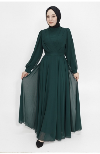 Double Breasted Neck Chiffon Fabric Hijab Evening Dress 4105-07 Emerald Green 4105-07