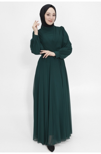 Double Breasted Neck Chiffon Fabric Hijab Evening Dress 4105-07 Emerald Green 4105-07
