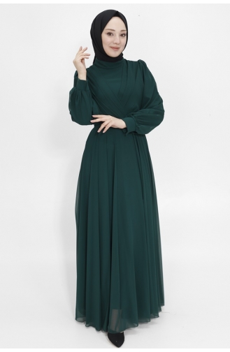 Robe De Soirée Hijab Tissu Mousseline à Col Croisé 4105-07 Vert Emeraude 4105-07