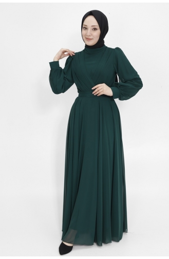 Robe De Soirée Hijab Tissu Mousseline à Col Croisé 4105-07 Vert Emeraude 4105-07
