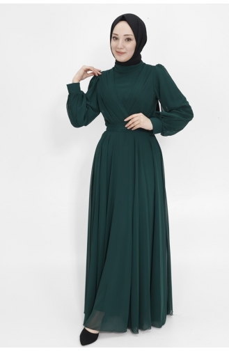 Double Breasted Neck Chiffon Fabric Hijab Evening Dress 4105-07 Emerald Green 4105-07