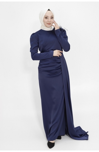 Satin Fabric Hijab Evening Dress With Stone Shoulder Cape 1034-01 Navy Blue 1034-01