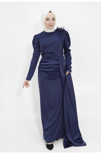 Satin Fabric Hijab Evening Dress With Stone Shoulder Cape 1034-01 Navy Blue 1034-01