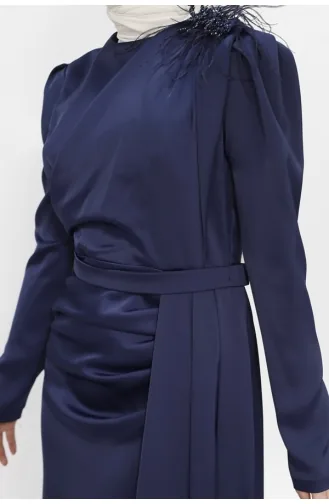 Hijab-Abendkleid Aus Satinstoff Mit Steinschulterumhang 1034-01 Marineblau 1034-01