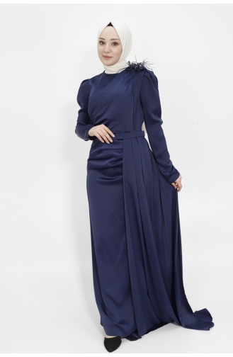 Robe De Soirée Hijab Tissu Satiné Avec Cape Epaule Pierre 1034-01 Bleu Marine 1034-01