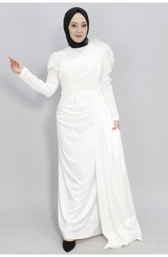 Hijab-Abendkleid Aus Satinstoff Mit Steinschulterumhang 1034-02 Ecru 1034-02