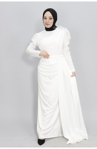 Satin Fabric Hijab Evening Dress With Stone Shoulder Cape 1034-02 Ecru 1034-02