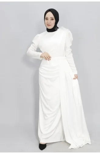 Hijab-Abendkleid Aus Satinstoff Mit Steinschulterumhang 1034-02 Ecru 1034-02