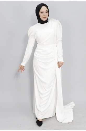 Robe De Soirée Hijab En Tissu Satiné Avec Cape à Epaule Pierre 1034-02 Ecru 1034-02