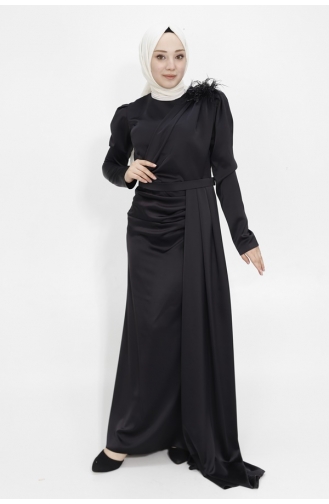 Hijab-Abendkleid Aus Satinstoff Mit Steinschulterumhang 1034-03 Schwarz 1034-03