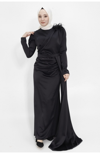 Satin Fabric Hijab Evening Dress With Stone Shoulder Cape 1034-03 Black 1034-03