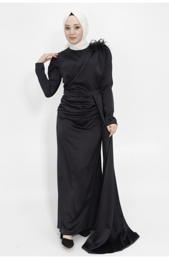 Robe De Soirée Hijab En Tissu Satiné Avec Cape à Epaule Pierre 1034-03 Noir 1034-03