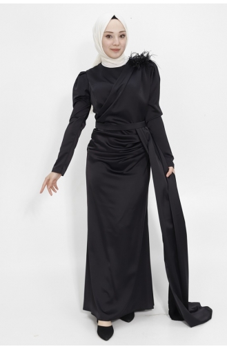 Robe De Soirée Hijab En Tissu Satiné Avec Cape à Epaule Pierre 1034-03 Noir 1034-03