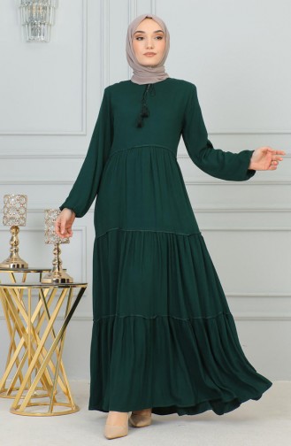 Püskül Detaylı Elbise 0229-01 Zümrüt Yeşili