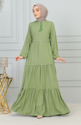 0229Sgs Püskül Detaylı Elbise Çağla Yeşili