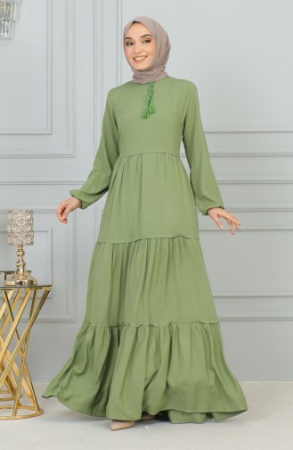 0229Sgs Püskül Detaylı Elbise Çağla Yeşili