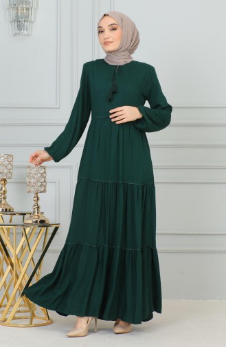0229Sgs Püskül Detaylı Elbise Zümrüt Yeşili
