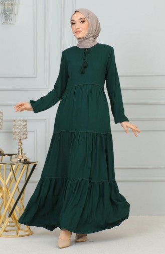 Püskül Detaylı Elbise 0229-01 Zümrüt Yeşili