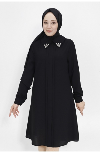 Crepe Fabric Hijab Tunic With Stone Collar 2407-01 Black 2407-01