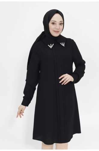 Tunique Hijab Tissu Crêpe Avec Col Pierre 2407-01 Noir 2407-01