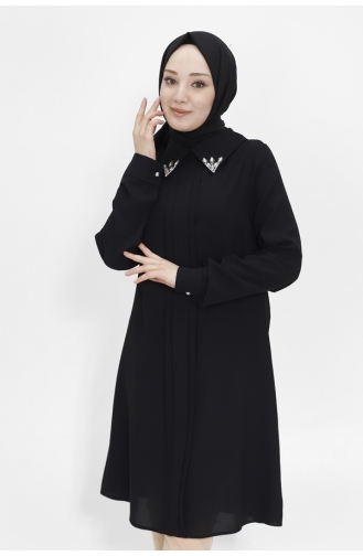 Crepe Fabric Hijab Tunic With Stone Collar 2407-01 Black 2407-01