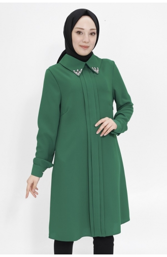 تونيك للحجاب مصنوع من قماش الكريب وياقة مرصعة بالأحجار 2407-02 لون أخضر زمردي 2407-02