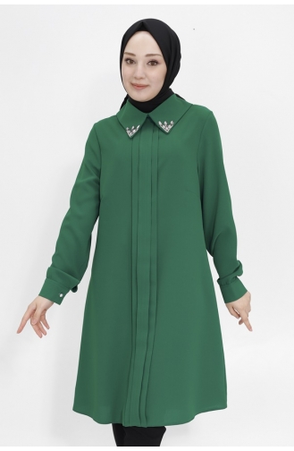 تونيك للحجاب مصنوع من قماش الكريب وياقة مرصعة بالأحجار 2407-02 لون أخضر زمردي 2407-02