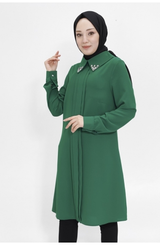 Crepe Fabric Hijab Tunic With Stone Collar 2407-02 Emerald Green 2407-02