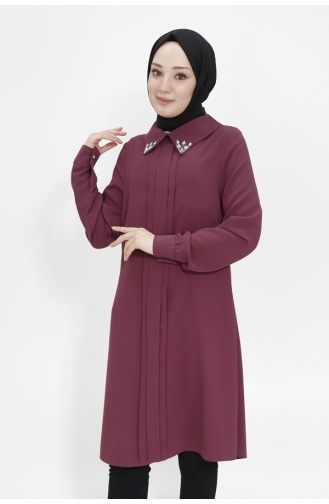 Hijabtuniek Van Crêpestof Met Stenen Kraag 2407-03 Pruim 2407-03
