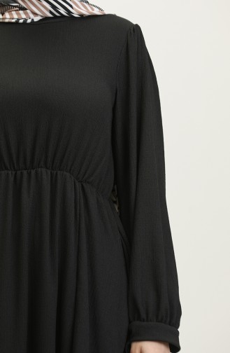 Bürümcük Kumaş Beli Lastikli Elbise 0303DA-06 Siyah