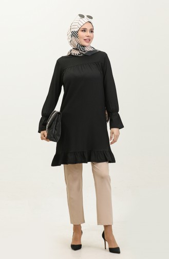 Shirred Hem Fabric Tunic 0404da-07 Black 0404DA-07