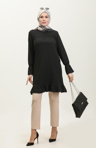 Shirred Hem Fabric Tunic 0404da-07 Black 0404DA-07