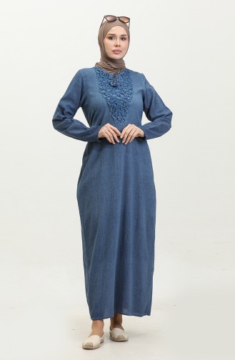 Şile Fabric Lace Long Sleeve Dress 0490-02 İndigo 0490-02